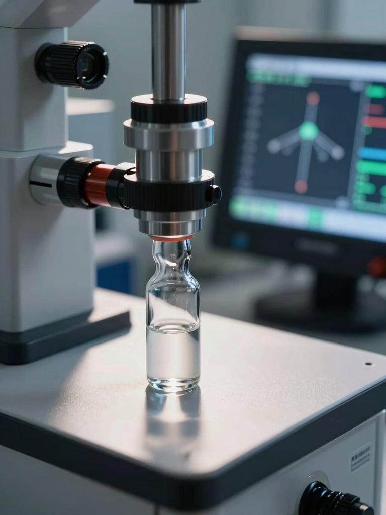 Extreme close-up of precision laboratory instrumentation, glass vials and diagnostic readout screens visible, cool studio lighting casting sharp shadows on polished surfaces, data values displayed on a clinical monitor in the background, no people