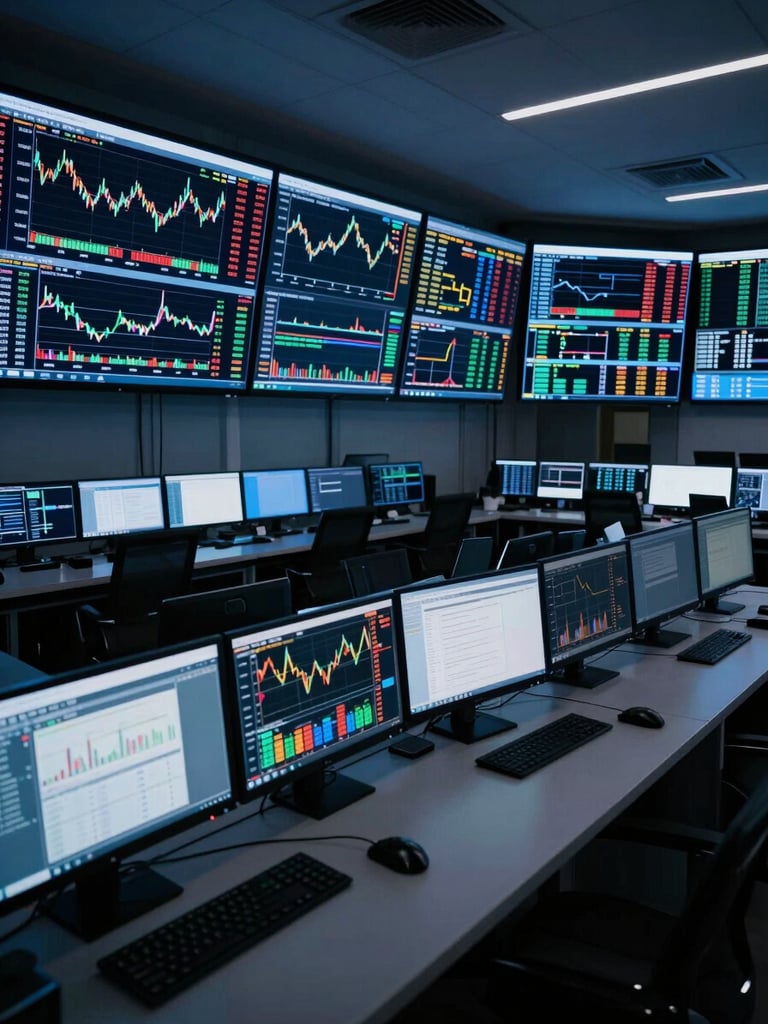 Wide-angle overhead view of a trading floor control room, multiple monitors displaying dense financial data charts and heatmaps, cool blue ambient light from screens, architectural ceiling visible above, no people present