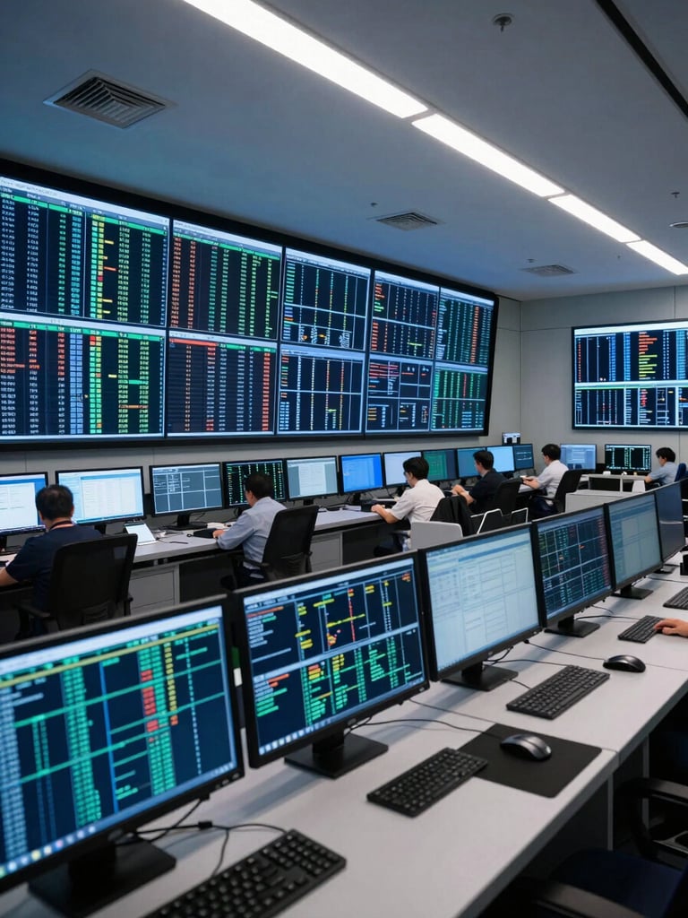 Wide panoramic view of a financial technology control room in Hong Kong, multiple large monitors displaying dense data grids and system architecture diagrams, cold blue-white overhead lighting casting sharp contrast, low horizon viewpoint emphasizing the scale of the infrastructure, no people visible
