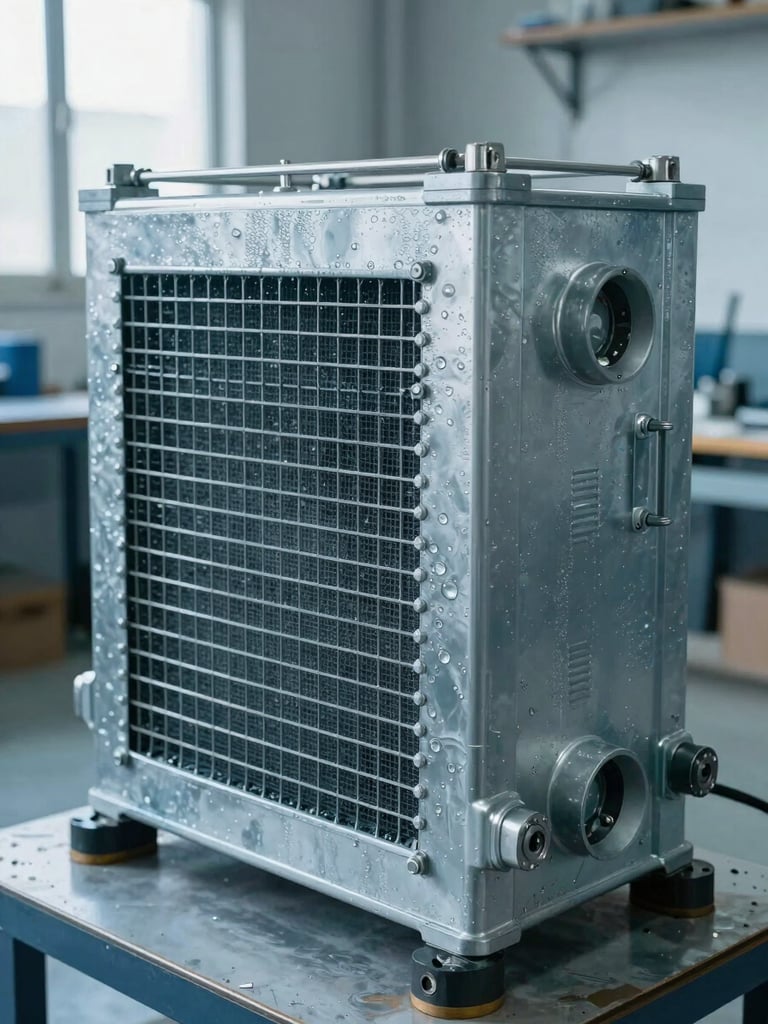 Crisp industrial photography of a sleek metal cooling unit in a workshop setting, cool natural daylight, slate and ice-blue tones, sharp focus.