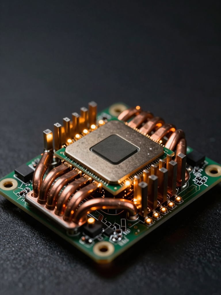 Low-key, high-contrast macro photograph of a clean ASIC miner circuit board, copper heat pipes reflecting the warm amber glow of status LEDs, dark obsidian background.