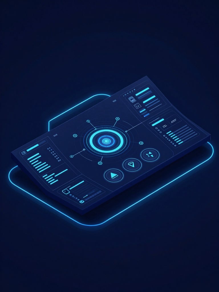 Isometric view of a modern tech dashboard with clean data visualization nodes, deep navy background with glowing blue lines