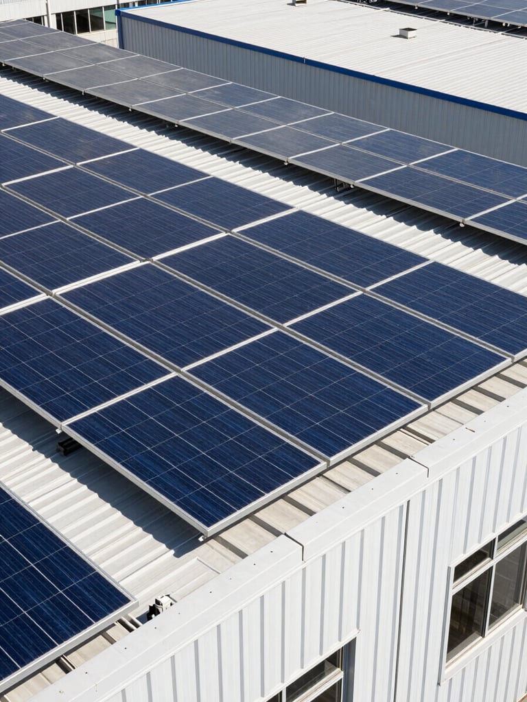 High-contrast clean energy rooftop solar panel array on a commercial building in bright direct sunlight, sharp shadows, 35mm