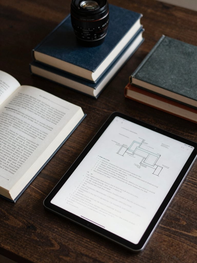 Overhead study of an organized dark wood desk with physical books, a digital tablet showing clean structural syntax diagrams, sharp north-facing daylight.
