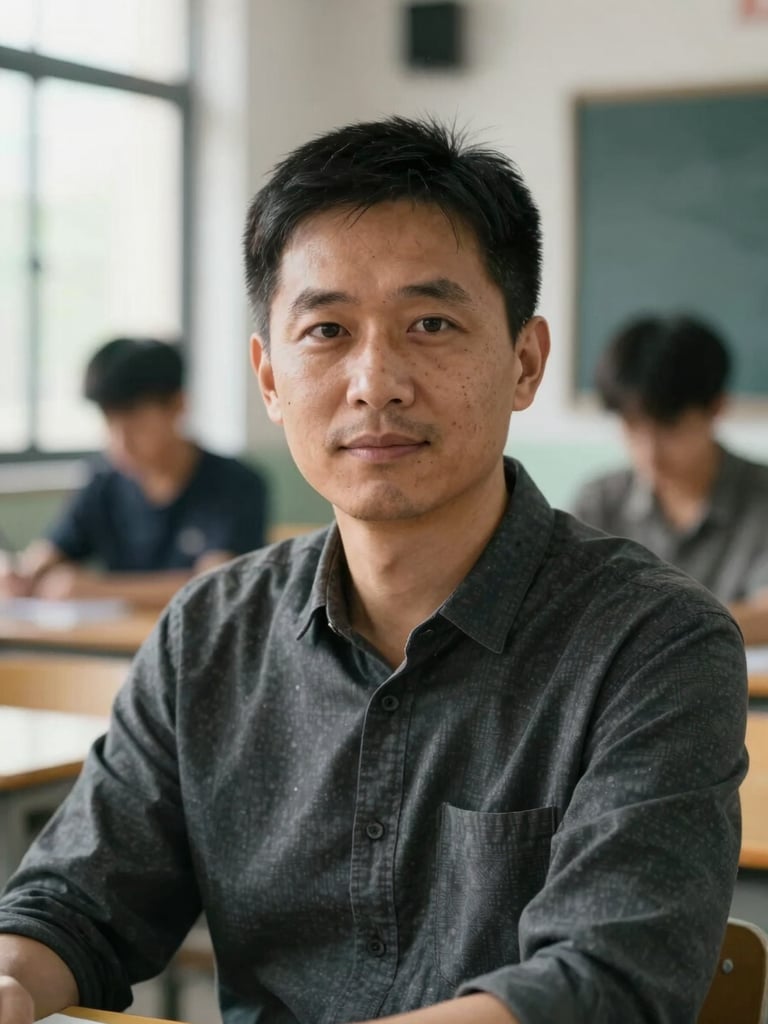 Medium-close portrait of a professional instructor in a daylight-filled study, direct eye contact, confident and approachable expression.