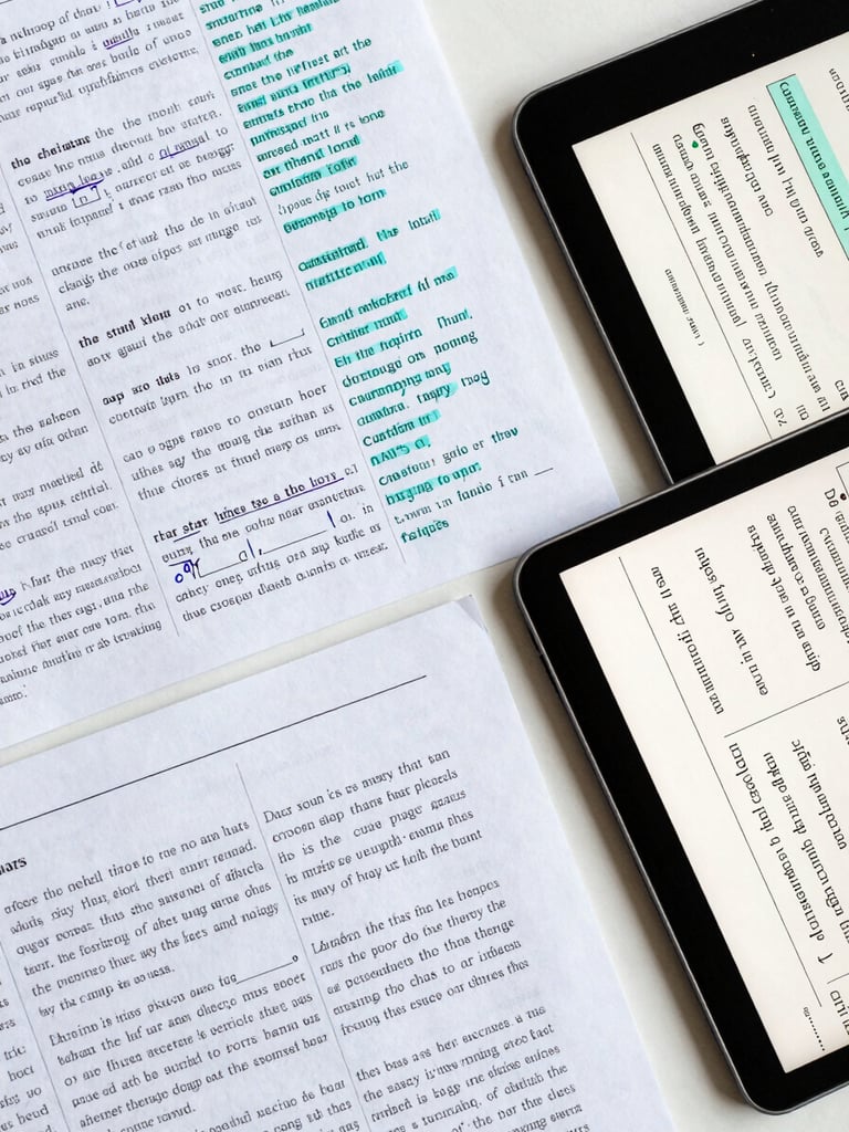 Overhead desk study of structured lesson plans, marked-up English texts with precise technical teal annotations, and a digital tablet showing grammatical patterns.