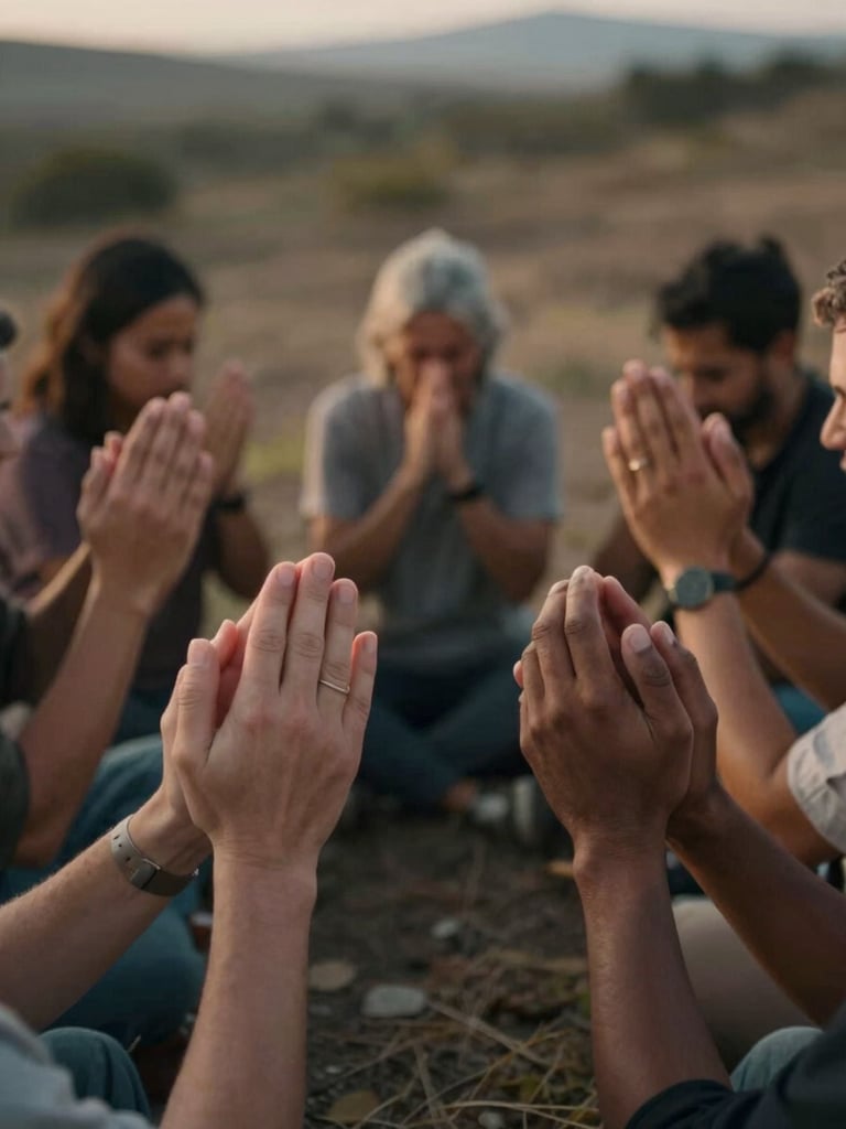 A candid moment of community connection, diverse hands clasped in prayer in a raw natural landscape at golden hour, shallow depth of field, 35mm, portrait aspect.