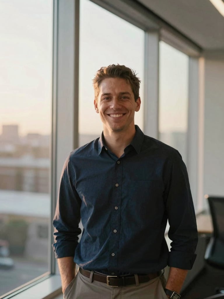 Honest portrait of a Tanka West LLC team member smiling, standing in front of a modern office window, soft daylight, 35mm