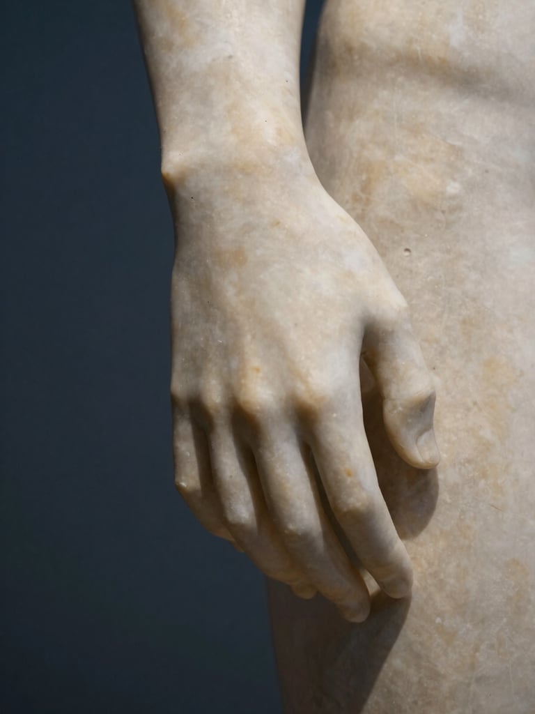 Close-up of a sculpted marble hand, soft museum lighting, warm ivory tones, elegant shadow depth, medium format photography.