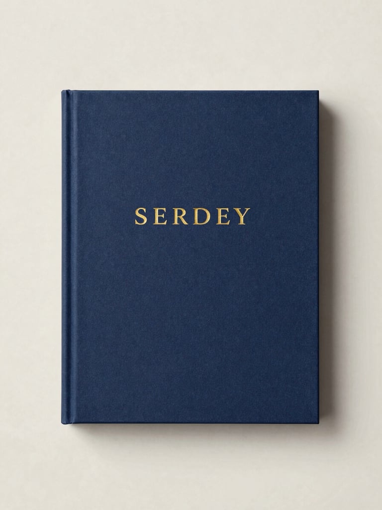 A beautifully bound art book cover with minimalist typography and gold foil details, resting on a clean marble surface, soft gallery lighting