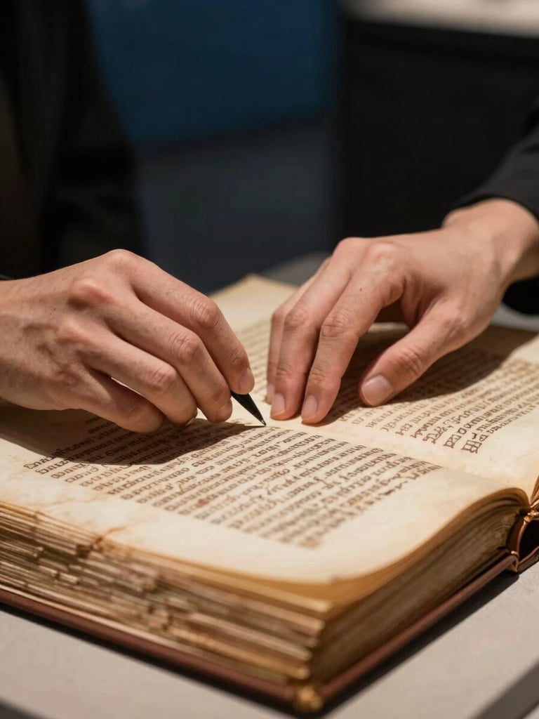 Close-up of hands restoring an ancient physical manuscript under controlled museum lighting, warm gold tones, elegant editorial style.