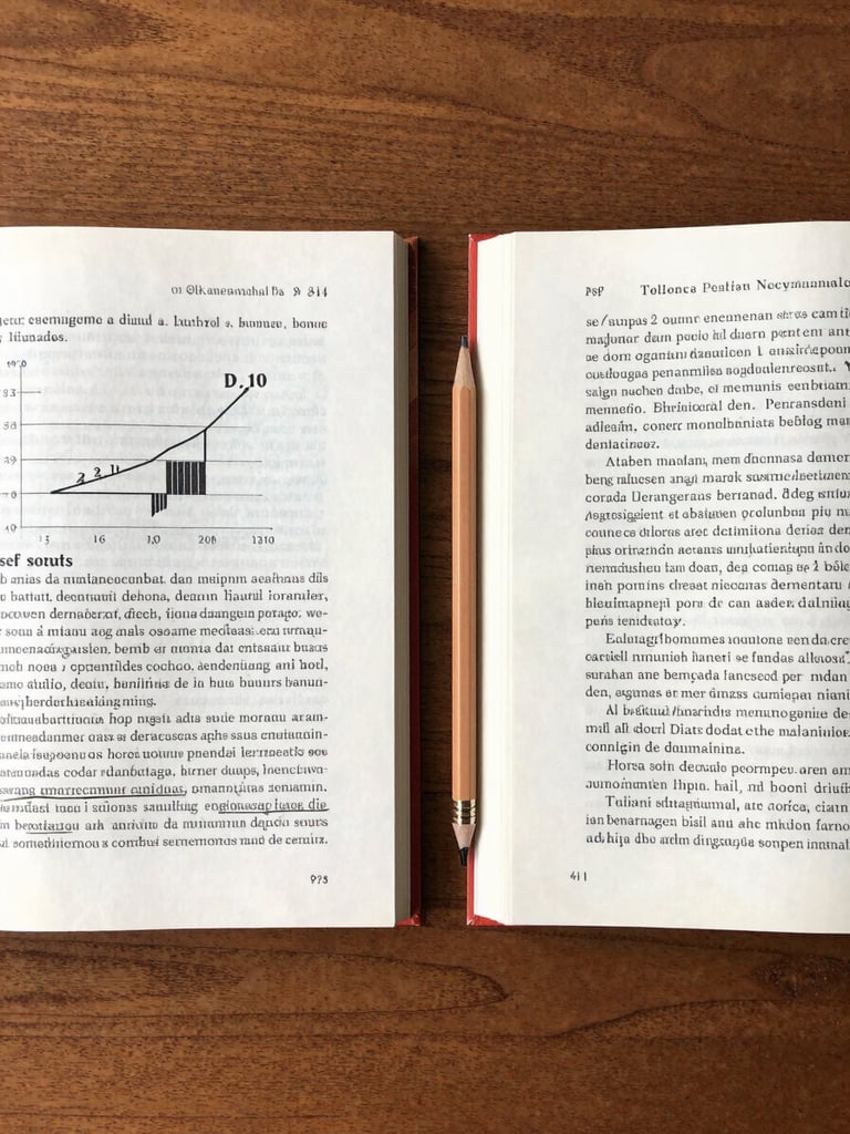 Overhead flat-lay of open Indonesian textbooks and a novel side by side on a wooden desk, natural daylight from above, a pencil resting between the two books, paper texture visible, clean institutional setting