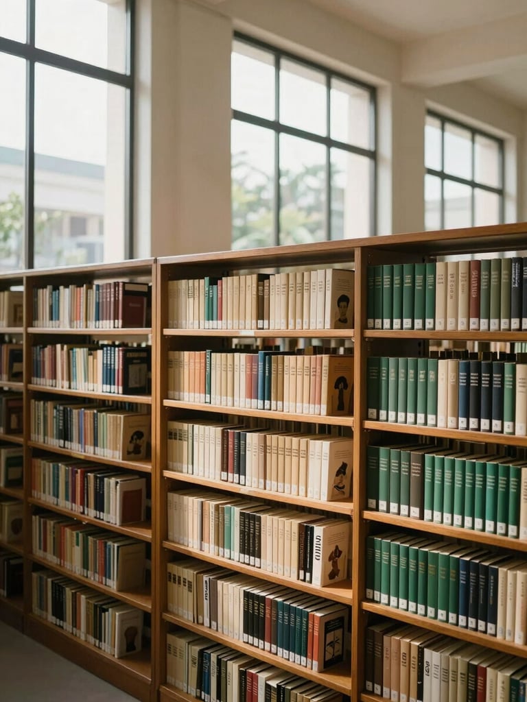 Wide shot of a library reading room, rows of Indonesian-published books filling wooden shelves from floor to ceiling, natural daylight from tall windows, book spines visible in warm cream and forest-green tones, no people, quiet institutional atmosphere