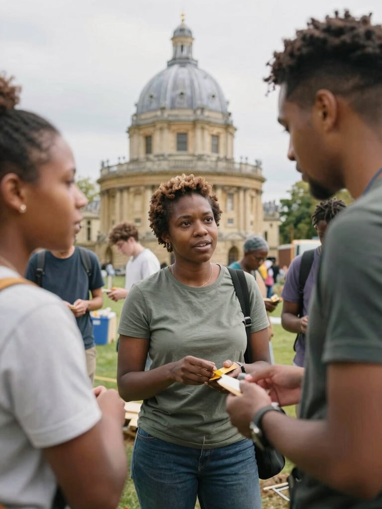 Environmental portrait of diverse local residents collaborating on a community project in Oxford, natural soft daylight, unposed and authentic interaction.
