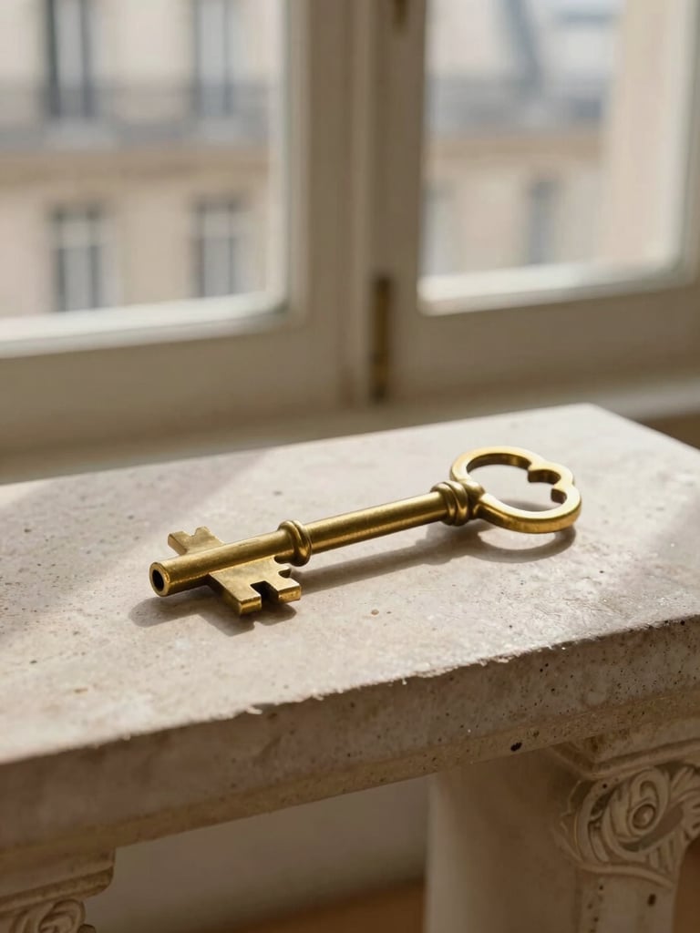 Portrait composition of elegant brass keys resting on a solid stone console table, soft morning light filtering through a Parisian window, warm textures.