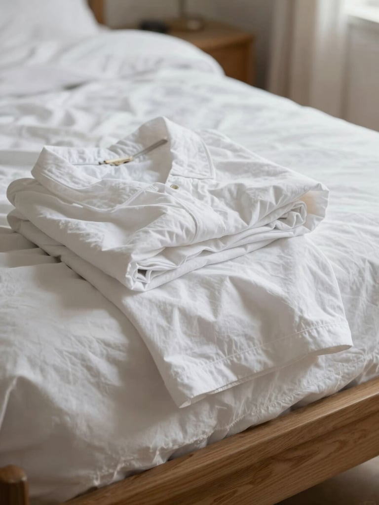 Gros plan sur du linge de maison blanc immaculé, fraîchement repassé, délicatement plié sur un lit en chêne, lumière naturelle douce.