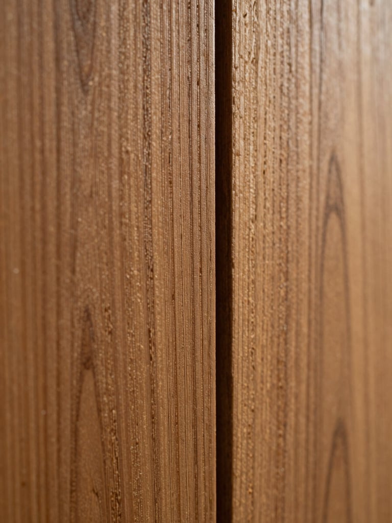 Extreme close-up macro shot of engineered wood panel texture, showing fine natural grain under dramatic side lighting, warm bronze tones, shallow depth of field.