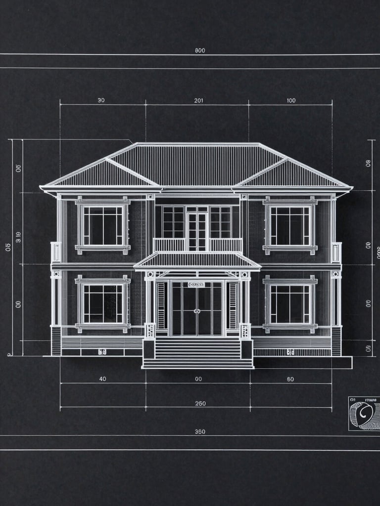 Straight-on architectural blueprint schematic of a luxury residence layout, high-contrast white lines on a deep charcoal background, technical markings, clean minimalist drafting style.
