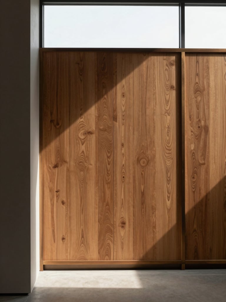 Straight-on architectural crop of a minimalist gallery interior in Selangor, dramatic natural light from a high window casting long soft shadows across a textured engineered wood panel wall, warm bronze metal trim, zero-distortion framing.