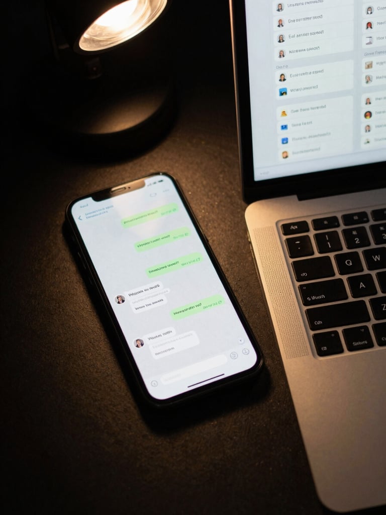 Close-up overhead view of a dark desk with a smartphone displaying a WhatsApp conversation thread with automated replies, beside a laptop screen showing a CRM pipeline with active deal cards, single overhead studio light creating sharp contrast, deep black background, gold-toned screen glow spilling onto the desk surface