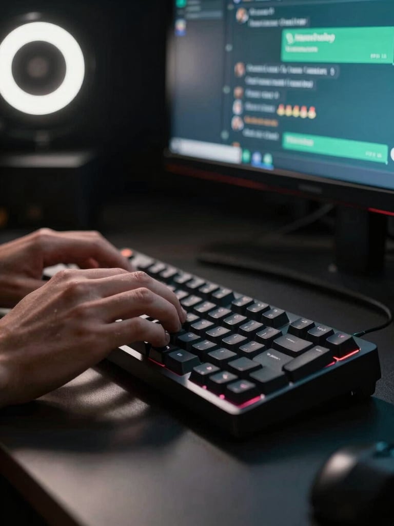 Extreme close-up of hands on a mechanical keyboard in a dark control-room workspace, a WhatsApp conversation thread glowing on a monitor in the background, single rim-light from the left cutting sharp shadows across the desk surface, deep black environment