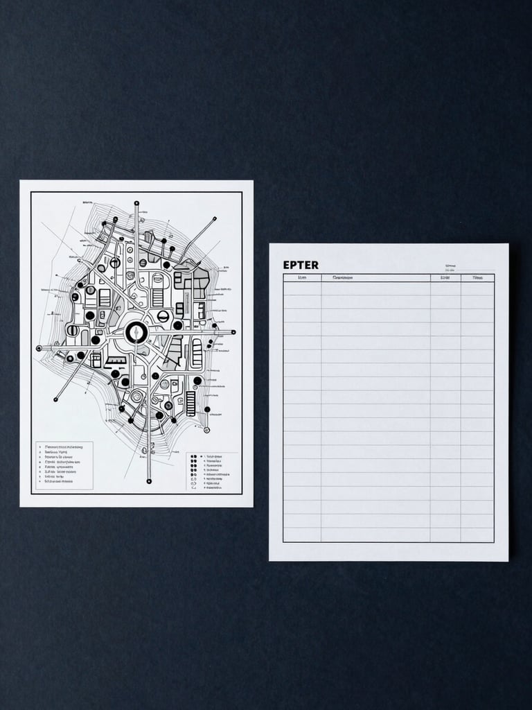 Overhead flat-lay of a printed workflow map and a filled planning sheet side by side on a dark navy surface, studio light from above, sharp shadows, no hands, no text visible, clean minimal composition