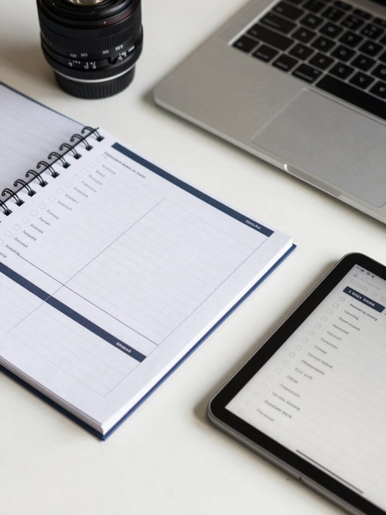Close-up overhead flat-lay of a printed planning tracker and a digital checklist open on a laptop keyboard, clean desk surface, high-contrast studio light, white and dark navy tones, no people