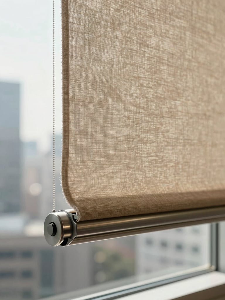Close-up detail of a roller blind fabric in natural linen texture, the slat control mechanism in brushed aluminium visible at the lower left, soft diffused daylight from a corporate office window behind, warm neutral tones, no text, no people
