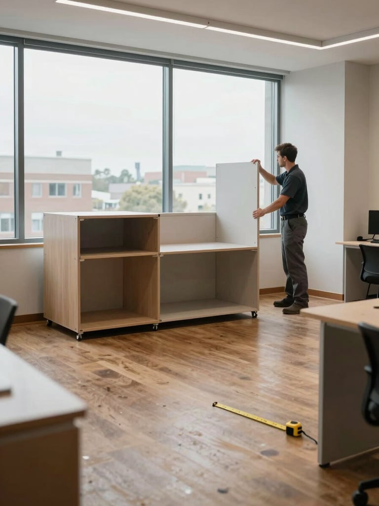 Wide environmental shot of a professional installation in progress inside a corporate office — a technician positions a modular workstation panel against a window wall, natural overcast daylight filling the room, timber flooring and neutral wall tones visible, measuring tape on the floor, spatial relationships between furniture pieces clearly legible, no people posing or smiling at camera