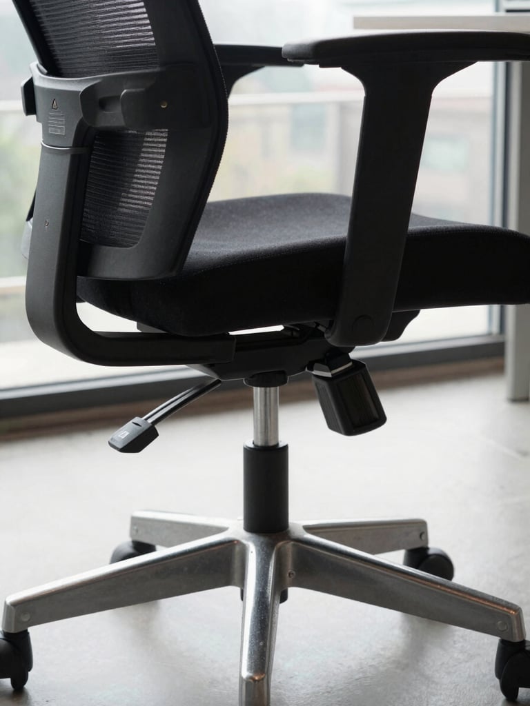 Medium close-up of an ergonomic office chair tilt mechanism and gas cylinder underneath the seat, polished steel components visible with clear mechanical detail, overcast natural light from a nearby window casting soft even illumination, no people, functional industrial detail on a neutral gray floor