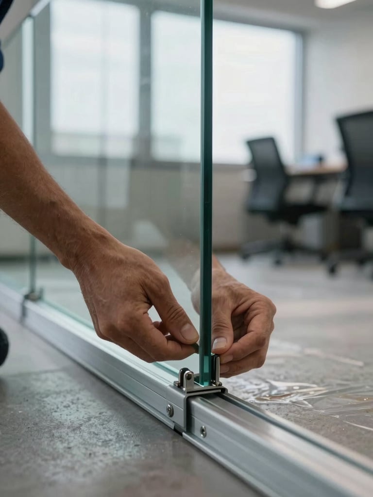 Close-up of a technician's hands positioning and securing a glass partition panel into its aluminum floor channel during office installation, natural overcast light from a nearby window, metal hardware detail sharp in focus, surrounding office space softly blurred in background, no faces visible