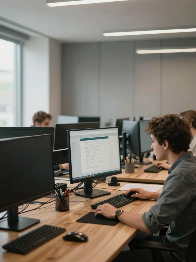 Wide environmental shot of a modern open-plan office interior, three occupied workstations in a row under soft north-facing window light, warm wood desktops with monitors and notebooks in use, neutral grey acoustic panels visible in background, natural daylight washing across the desk surface, slight depth of field, no posed subjects—people at work mid-task