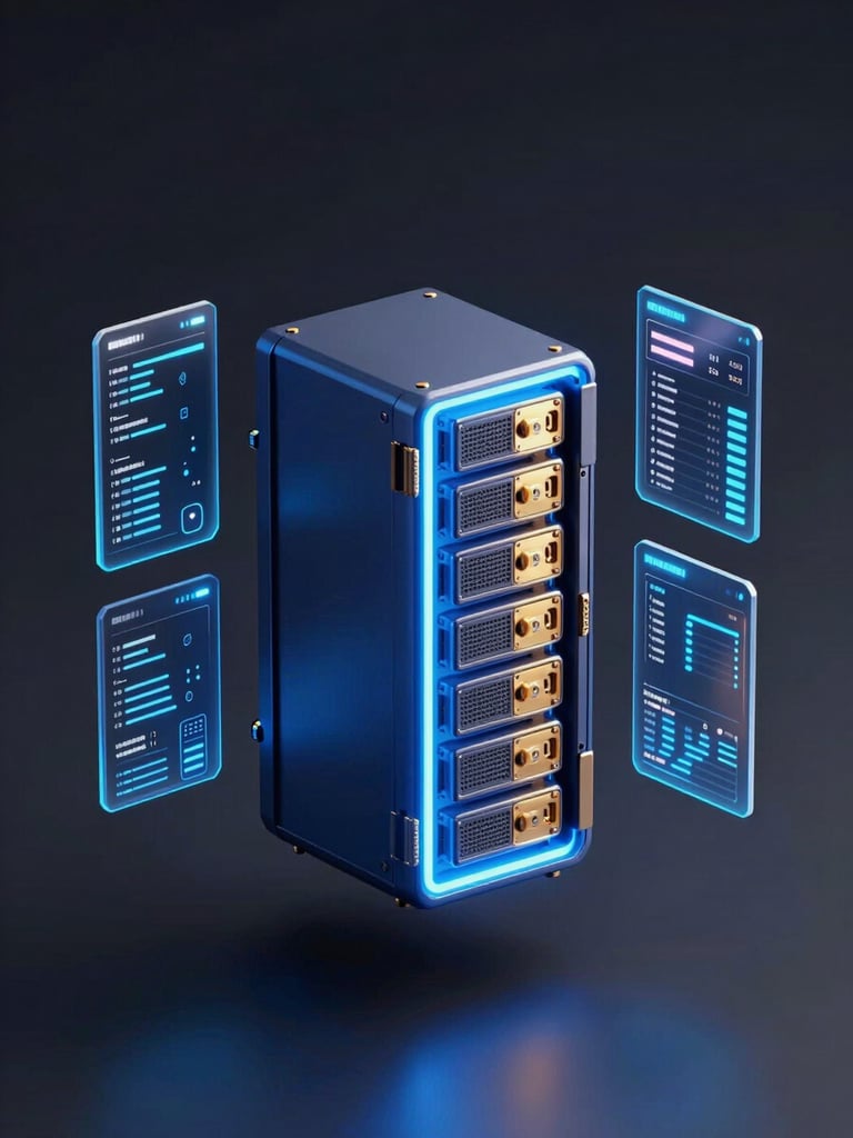 Isometric 3D render of a glowing neon blue server node with metallic gold accents, floating UI panels displaying data streams against a dark matte background.