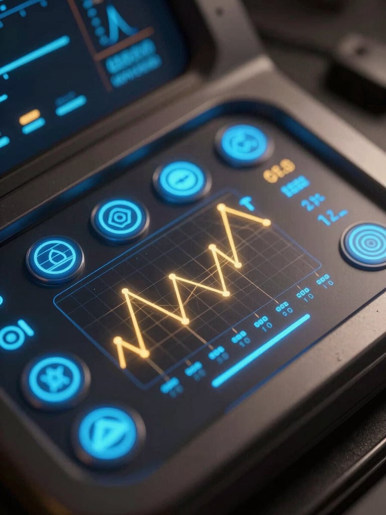 Macro isometric view of a dark metallic 3D dashboard interface, glowing neon blue data nodes, golden wireframe charts, cinematic side lighting