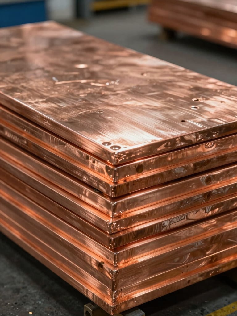 Macro technical shot of copper cathode sheets stacked in an industrial warehouse, clean metallic textures, warm sodium-vapor lighting highlighting the copper-orange edges.