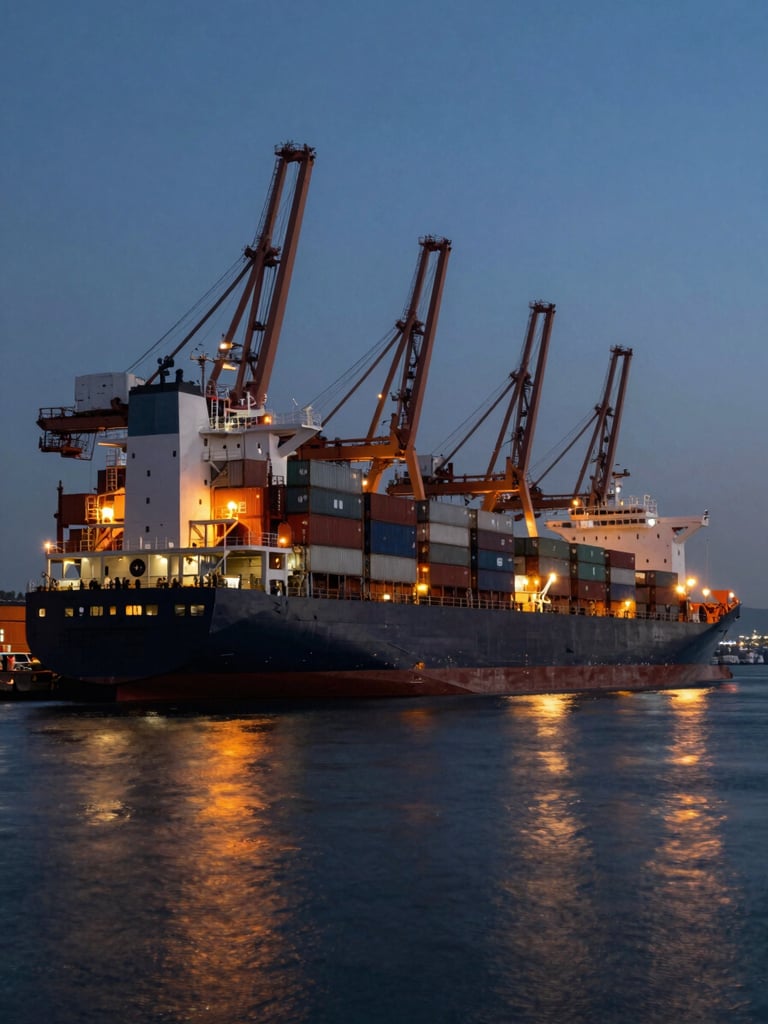 Wide-angle dramatic shot of a massive container ship docked at a Turkish deep-water port during twilight, industrial cranes silhouetted against a dark blue sky, sharp orange safety lights reflecting on the water.