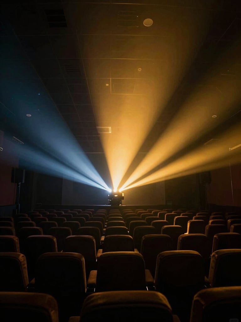 Cinematic wide-angle shot of a modern cinema projector beam cutting through a dark theater, warm golden light, 35mm photography