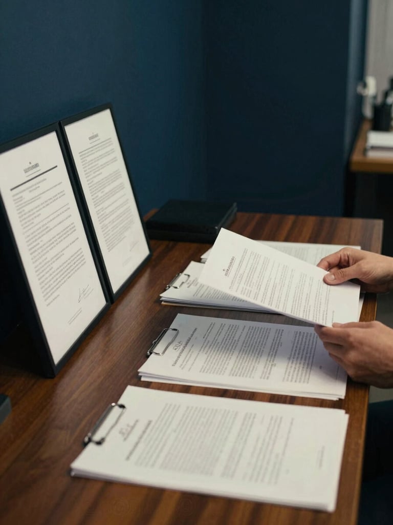 Wide interior of a serious business office, left-framed — open contracts and documents spread across a dark wood desk under cool overhead lighting, a person's hands reviewing printed pages, no faces visible, muted tones of navy and cream, documentary style