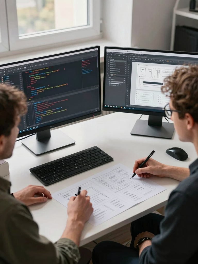 Overhead desk study: two team members reviewing a design system spread across dual monitors in a clean Helsinki studio, natural window light, code editor visible on one screen, Figma components on the other