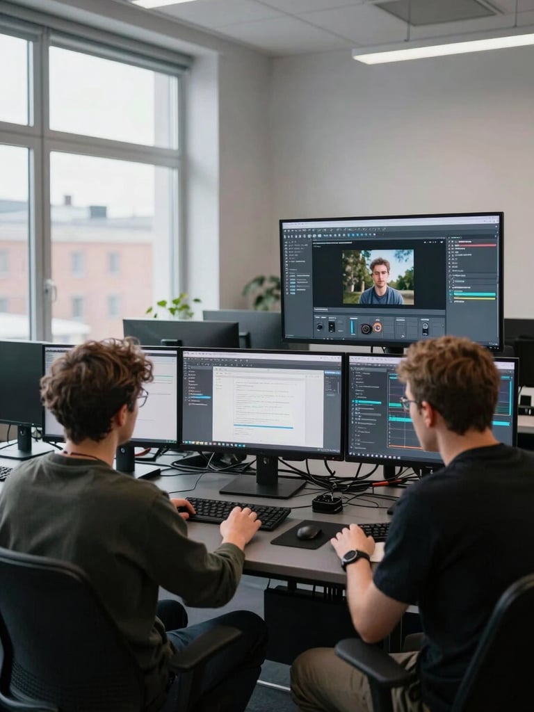 Wide-angle view of a focused digital studio workroom in Helsinki, two team members reviewing live UI on large monitors, natural window light from the left, cables and keyboards on dark desks, tight overhead composition showing real work in progress