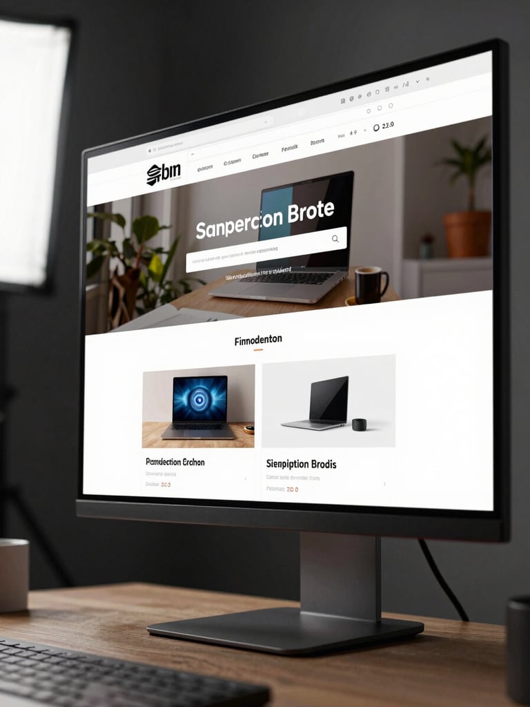Desktop computer monitor displaying a modern website design with laptop product listings on a wooden office desk.