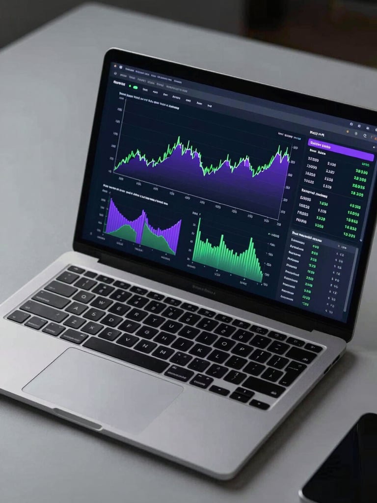 Close overhead crop of a laptop screen displaying a live analytics dashboard with traffic growth charts, dark UI, glowing purple and green metric lines, on a clean studio desk under cool office light