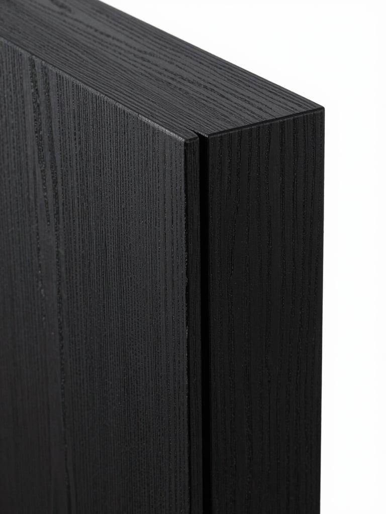 Tight close-up of a custom joinery corner detail — two panels of blackened oak meeting at a precise mitered edge, a shadow gap revealing the depth of the reveal, studio lighting raking across the surface to show grain texture and finish quality, no people, no props