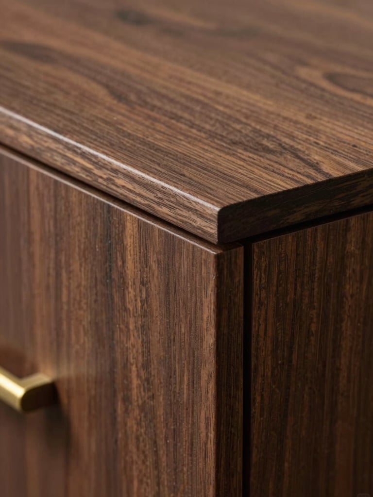 Close-up of architectural millwork joint on a dark walnut panel, precision-routed edge detail visible under raking north-facing daylight, bronze hardware partially in frame