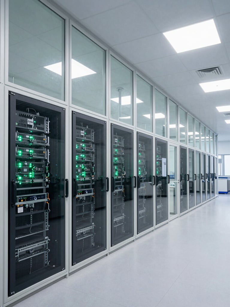 Wide architectural shot of a modern biotechnology research facility, server racks visible through glass partitions, cool clinical white lighting with subtle emerald-green accents.