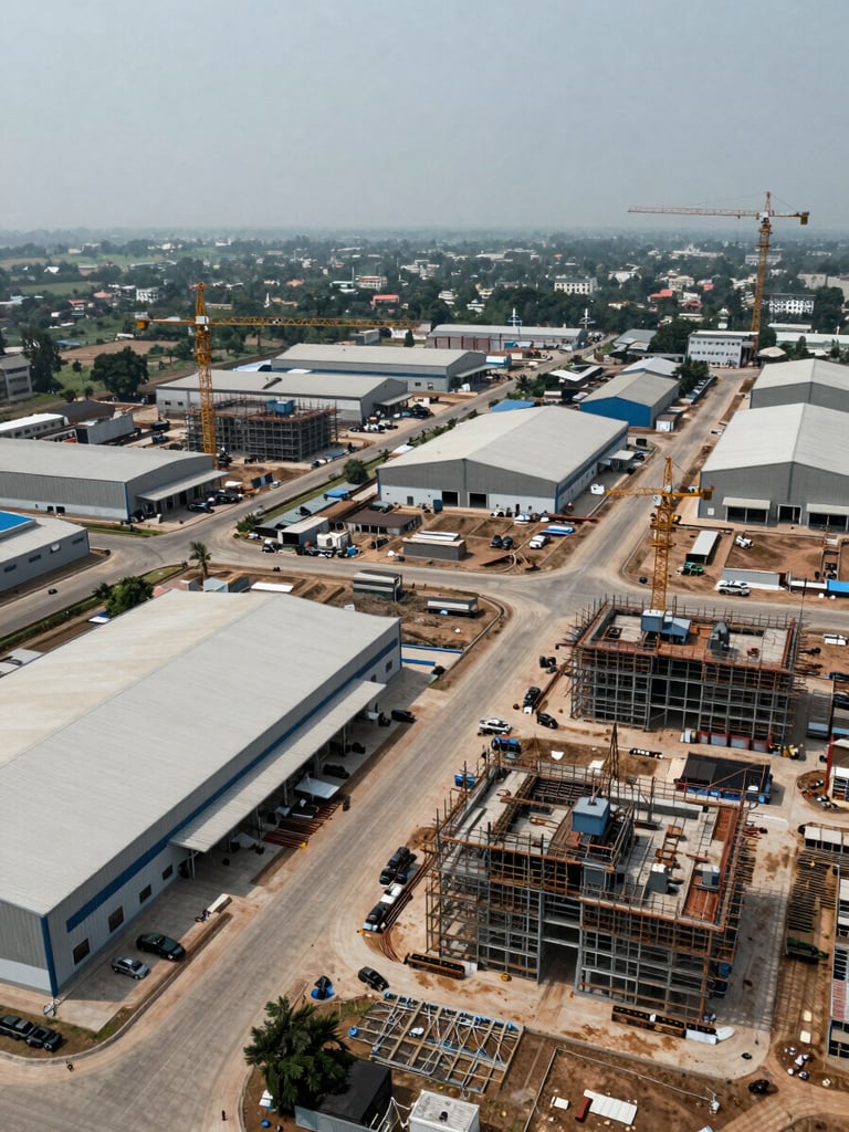 Wide aerial view of an active industrial expansion zone on the outskirts of Vadodara, Gujarat — warehouses and factory units under construction to the right third of the frame, cranes visible, overcast daylight, flat terrain stretching to the horizon, no people, documentary framing