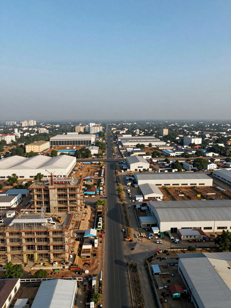 Wide panoramic aerial view of Vadodara industrial corridor at midday, new construction and factory sheds visible across the frame, expansive sky above, city skyline faint on the left horizon, no people