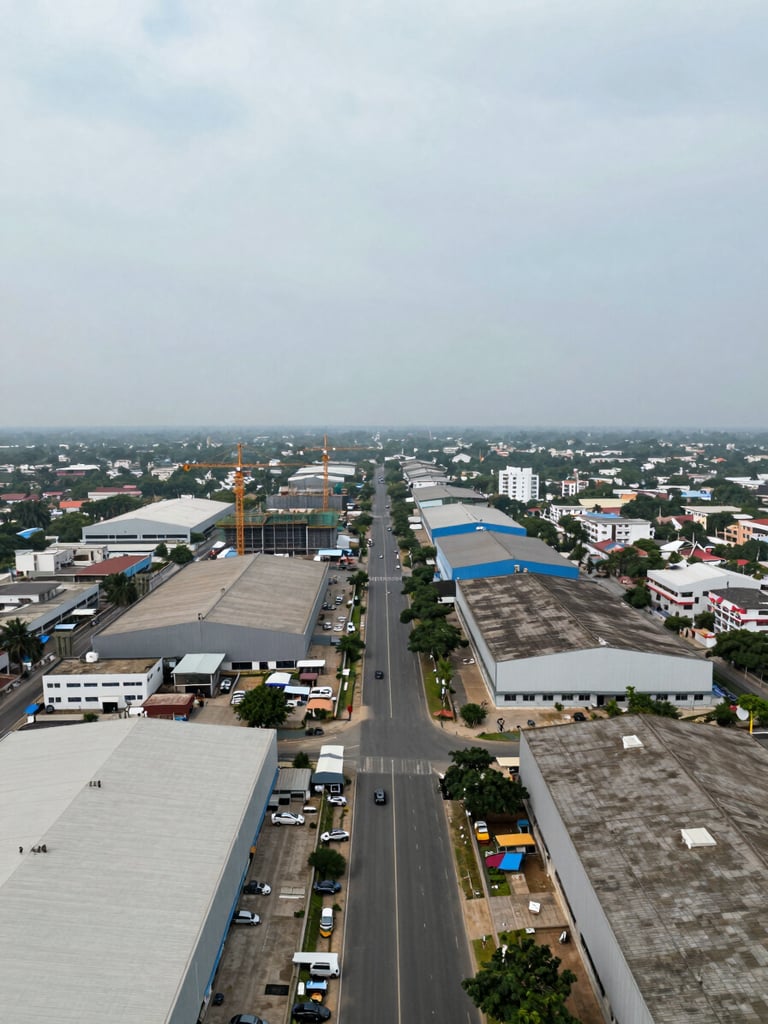 Wide panoramic aerial view of Vadodara's industrial expansion corridor, new warehouse rooftops and construction cranes visible across the mid-ground, overcast daylight providing even neutral clarity, low horizon with open sky above