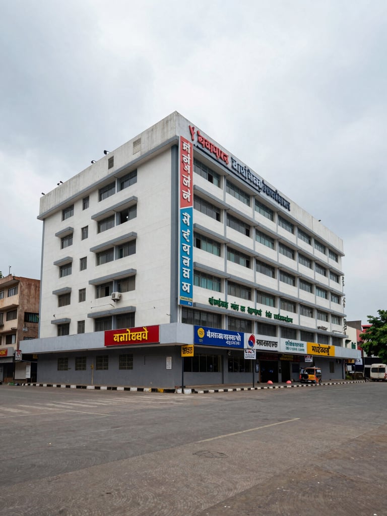 Ground-level wide shot of a Vadodara commercial district facade, overcast daylight, multi-storey office buildings with signage, empty forecourt showing scale and presence, no people or lifestyle staging