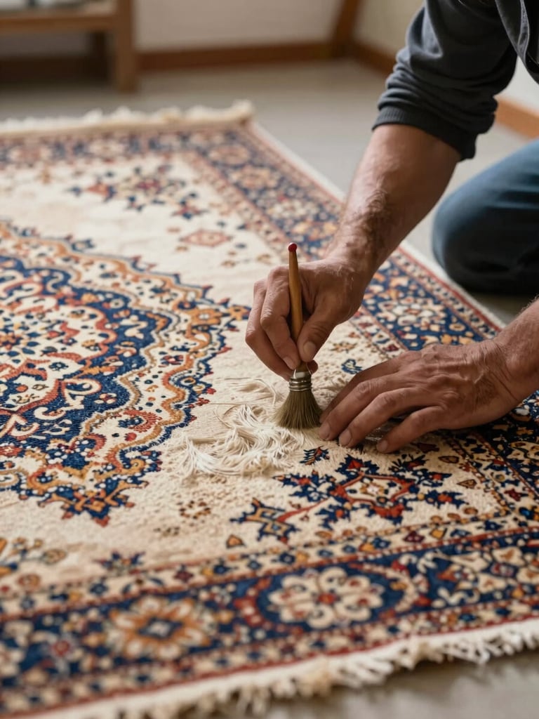 Close-medium shot of a restorer's hands working detail on a Persian rug laid flat, soft north-facing daylight illuminating the pile texture and color variation, a small brush visible mid-stroke, neutral workroom background